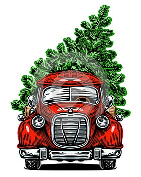 Christmas tree in a red retro truck. Happy Holidays, vector illustration