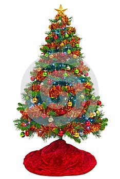 Christmas tree with red skirt isolated on white