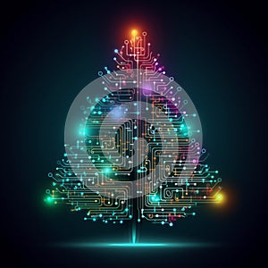 Christmas tree, resembling a neural network or electronic circuitry, with radiant lines and glowing nodes against a dark photo