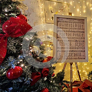 Christmas Tree with ribbons and baubles with Music score