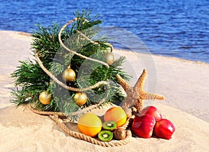 Christmas tree with ripe fruit and starfish on the sand