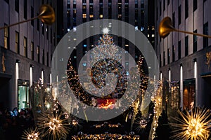 Christmas tree at Rockefeller Center at night, in Midtown Manhattan, New York City