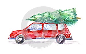 Christmas tree on the roof red car.New Year card.