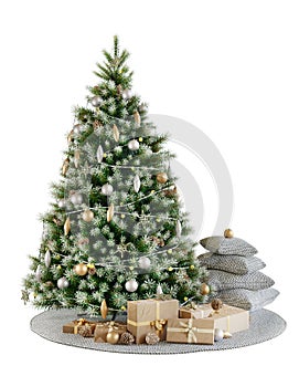 Christmas tree on the round rug, golden and silver decoration and gift goxes. Isolated on white background. 3D render.