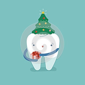 Christmas tree`s hat on tooth, Christmas festival of dental