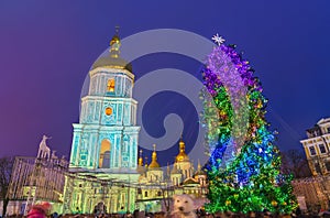 Christmas tree and Saint Sophia Cathedral, a UNESCO world heritage site in Kiev, Ukraine