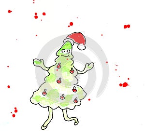 Christmas tree with Santa Claus hat, decor. Watercolor illustration on a winter theme, congratulations