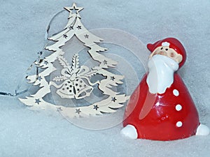 Christmas tree and Santa Claus. New Year`s toys. New Year concept.