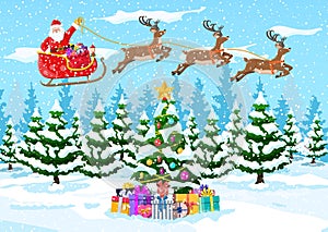 Christmas tree santa claus with reindeer sleigh