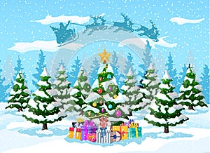 Christmas tree santa claus with reindeer sleigh