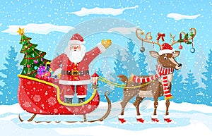 Christmas tree santa claus with reindeer sleigh