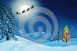 Christmas tree and Santa in moonlit winter landscape at night