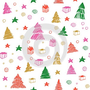 Christmas Tree seamless pattern. Hand drawn vector colored graphic sketch. Doodle background isolated on white