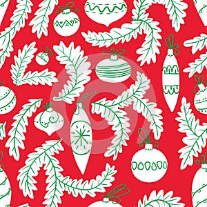 Christmas tree seamless pattern. New year cute background. Holiday seasonal backdrop with decoration balls.