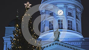 Christmas Tree and with Senate building in the background in Helsinki, Finland in 4k