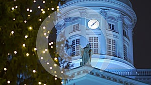 Christmas Tree and with Senate building in the background in Helsinki, Finland in 4k