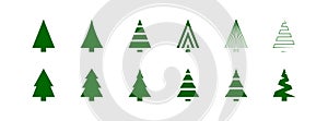 Christmas tree set green icons. X-mas sign simbol, fir tree silhouettes. Vector isolated flat illustration for holiday design