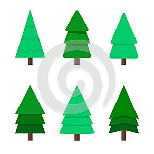 Christmas tree, a set of six green Christmas trees. A cartoon Christmas tree. Flat design, vector.