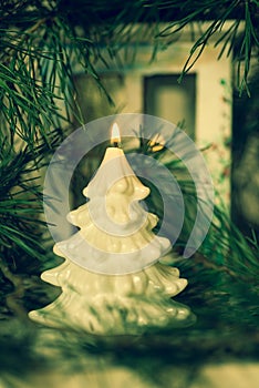 Christmas tree shape candle selective focus