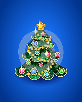 Christmas tree in the shape of a Christmas tree toy decorated with precious stones, vector illustration