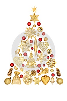 Christmas Tree Shape Concept with Red and Gold Decorations