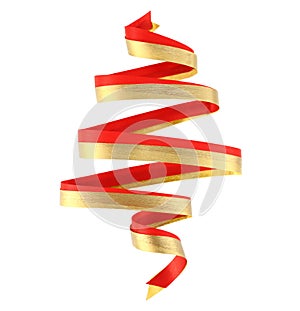 Christmas tree shape red and gold ribbon isolated white background