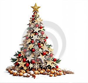 Christmas Tree Made of Wooden Stars and Red Baubles Set Against a White Background photo