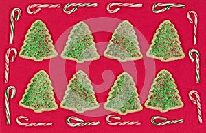 Christmas tree shaped cookies surrounded by candy cane border on