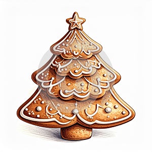 Christmas Tree Shaped Gingerbread Cookie with White Icing on White Background