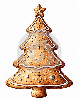 Christmas Tree Shaped Gingerbread Cookie with White Icing on White Background