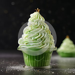 Christmas Tree Shaped Lemon Mousse Dessert With Green Frosting photo