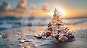 Christmas tree from shells on sand background in the beautiful sunset AI generated