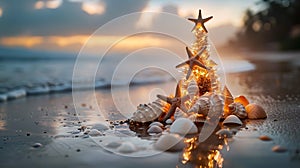 Christmas tree from shells on sand background in the beautiful sunset AI generated