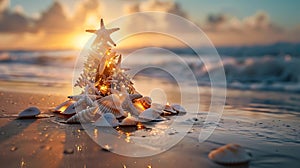 Christmas tree from shells on sand background in the beautiful sunset AI generated