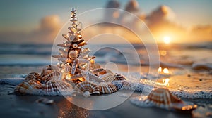 Christmas tree from shells on sand background in the beautiful sunset AI generated