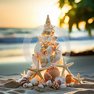 Christmas tree from shells on sand background with sunset light.