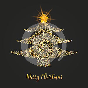 Christmas tree, shining star, golden gritter design, calligraphic text on black background