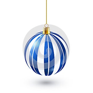 Christmas Tree Shiny Blue Ball. New Year Decoration. Winter Season. December Holidays. Greeting Gift Card Or Banner