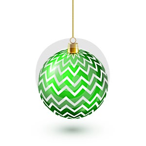 Christmas Tree Shiny Green Ball. New Year Decoration. Winter Season. December Holidays. Greeting Gift Card Or Banner