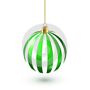 Christmas Tree Shiny Green Ball. New Year Decoration. Winter Season. December Holidays. Greeting Gift Card Or Banner