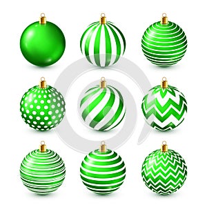 Christmas Tree Shiny Green Balls Set. New Year Decoration. Winter Season. December Holidays. Greeting Gift Card Or