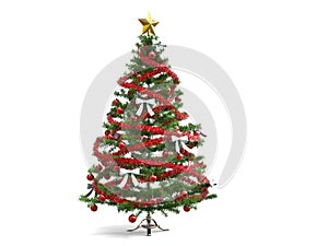 Christmas tree with shiny red tinsels and white ribbons