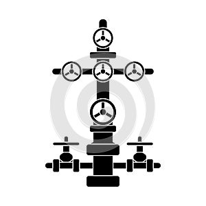 Christmas tree sign for oil and gas wells; black flat vector wellhead icon isolated for petroleum industry