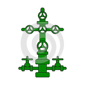 Christmas tree sign for oil and gas wells; green flat vector wellhead icon for petroleum industry
