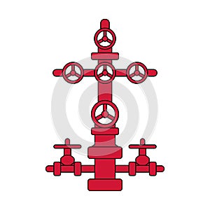 Christmas tree sign for oil and gas wells; red and black flat vector wellhead icon isolated for petroleum industry.
