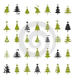 Christmas tree silhouette design. Greetings set with isolated decorative winter objects