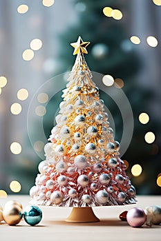 christmas tree with silver balls, magic lights background,