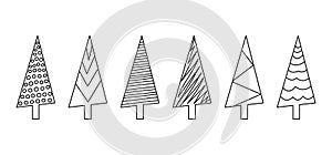 Christmas tree sketch line, xmas doodle vector icon, simple hand drawn outline design. Black silhouettes line art. New Year fir