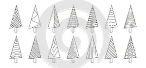 Christmas tree sketch line, xmas doodle vector icon, simple hand drawn outline design. New Year fir and pine set. Black