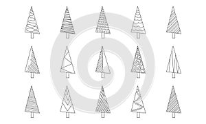 Christmas tree sketch line, xmas doodle vector icon, simple hand drawn outline design. New Year fir and pine set. Black